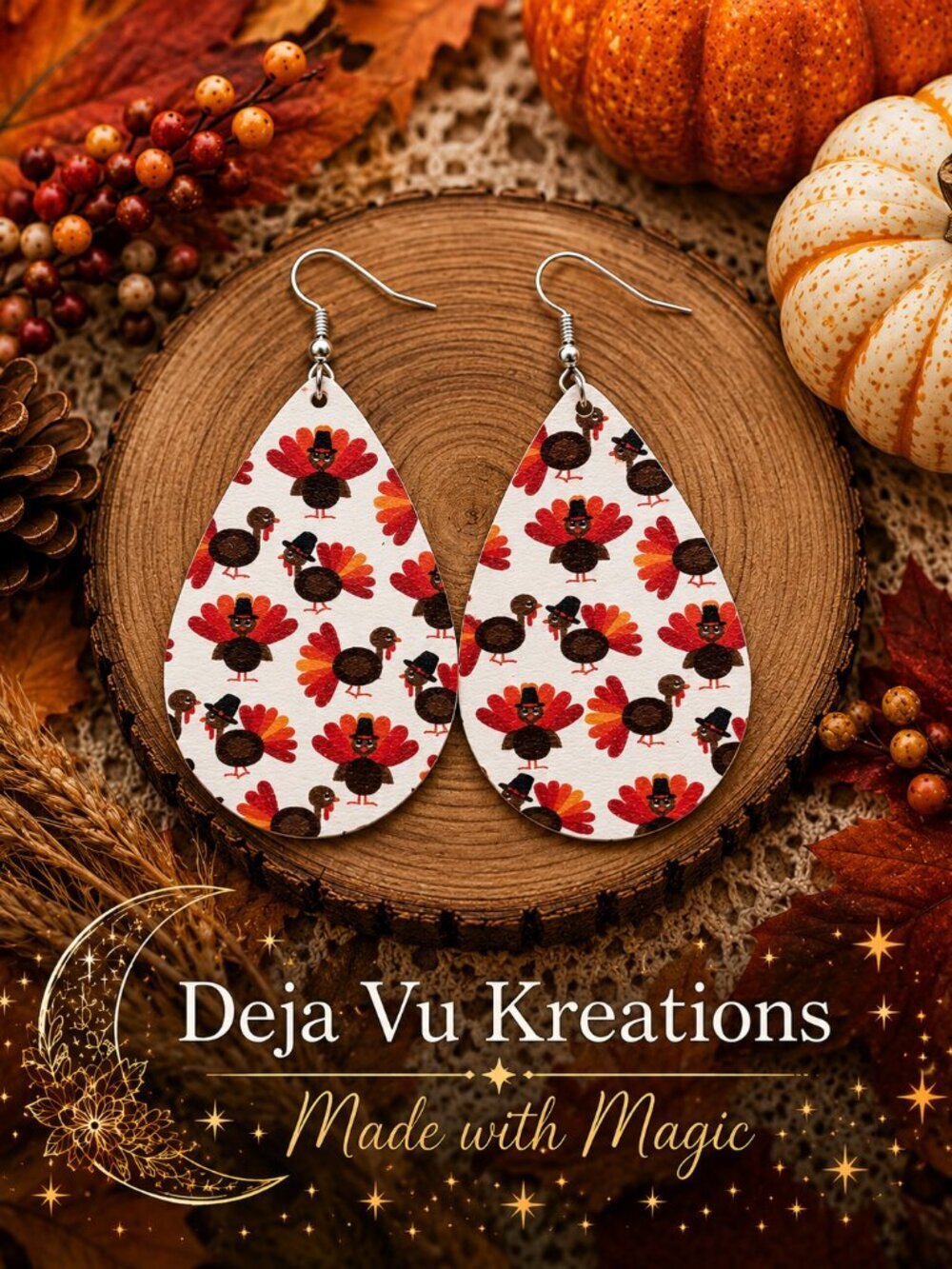 Thanksgiving Turkey Faux Leather Teardrop Earrings